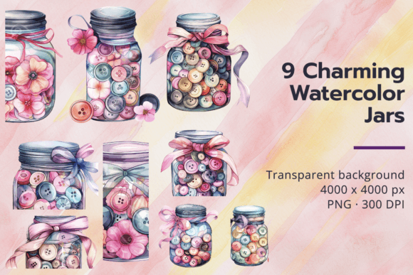 Download Watercolor Jars with Buttons and Flowers - Buttons Collection