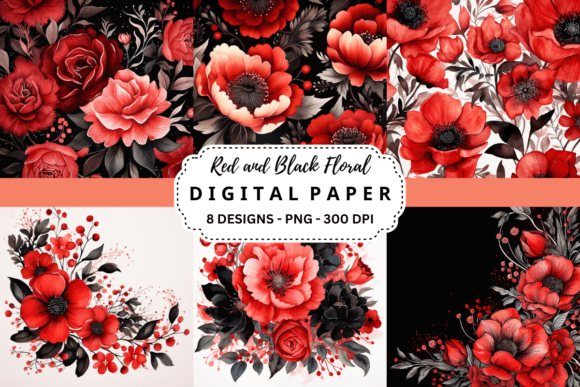 Download Red and Black Floral Digital Paper - Red and black Collection